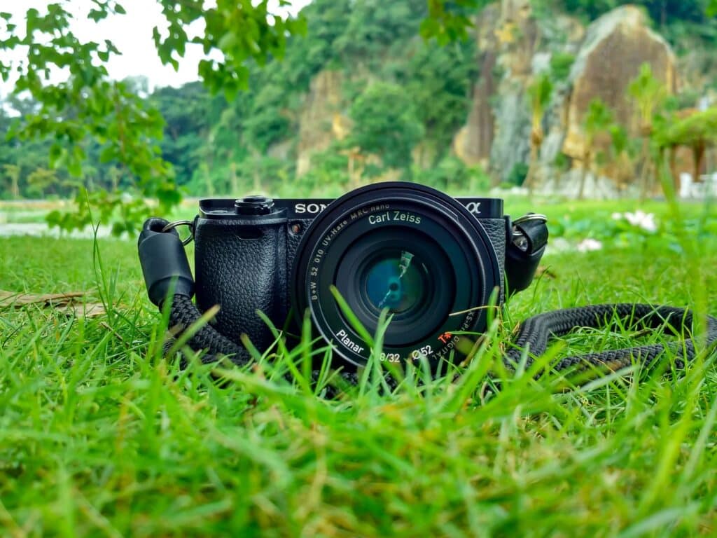 dslr camera in the grass